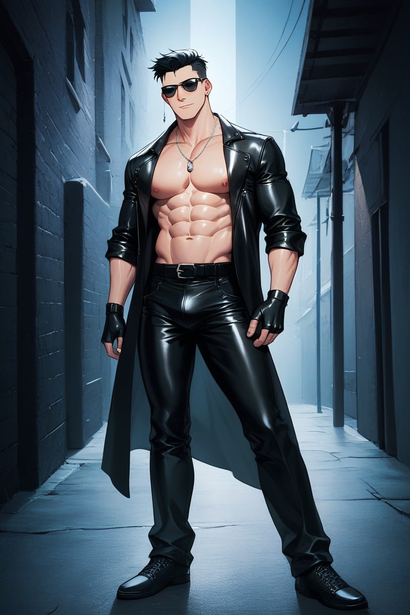 Full Body View, Penis And Testicles Out Of Pants, Looking At View AI Gay Porn