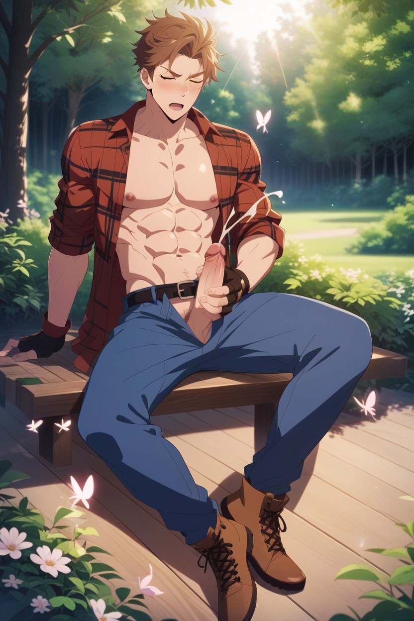 Closed Eyes, Dark Blue Jeans, Butterflies In The Background AI Gay Porn