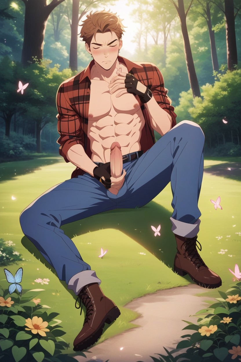 Light Skin, Dark Brown Fingerless Gloves On Both Hands, Location Forest Woods AI Gay Porn