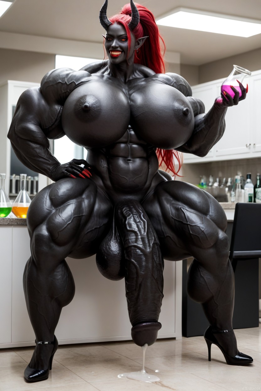Extremely Long Black Cock, Red Lipstick, Drink Potion Shemale AI Porn