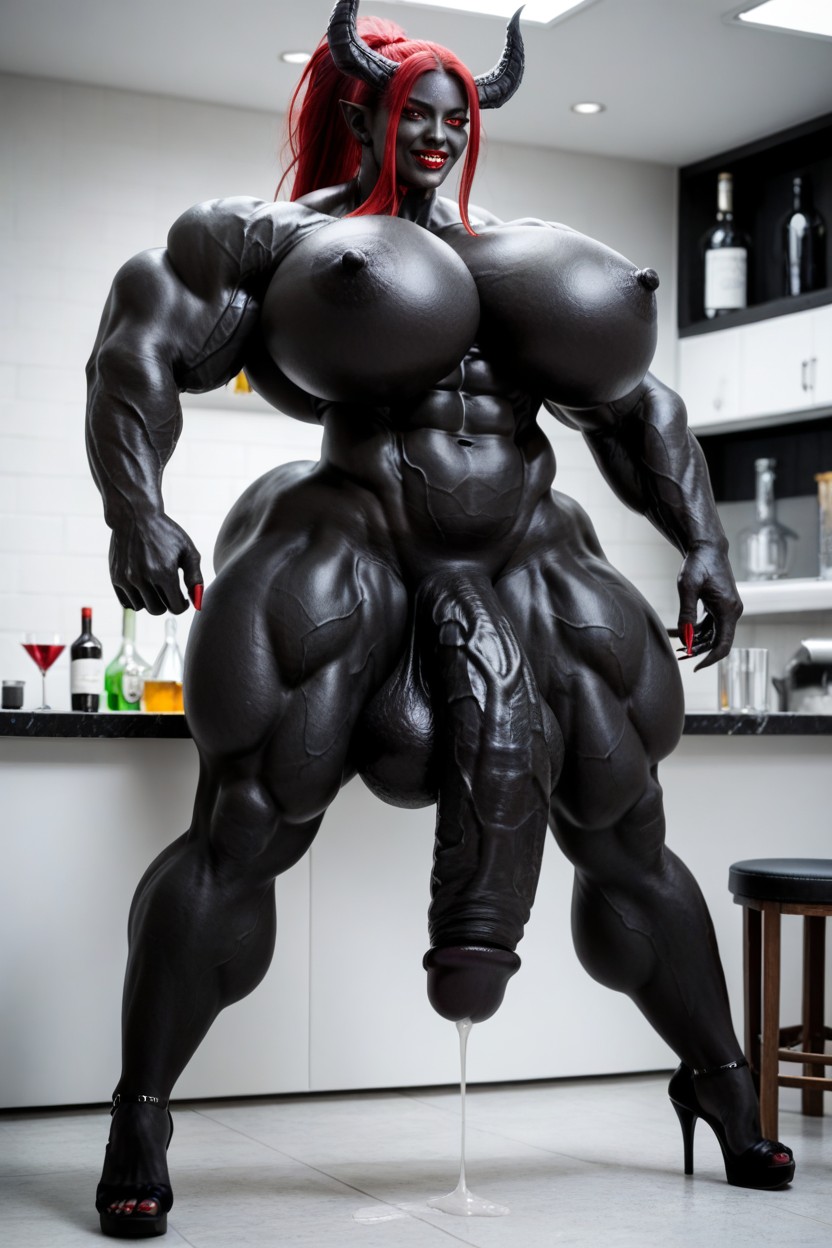 Gigantic Muscle, Red Nail, Exaggerated Massive Black Cock Shemale AI Porn