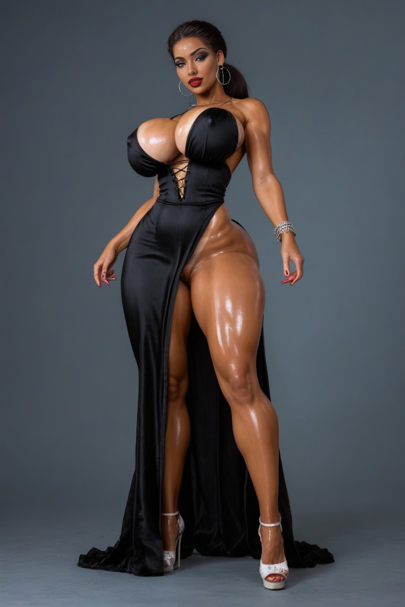 Realistic, Black Dress Above The Knee Just Below The Vagina, Waist AI Porn