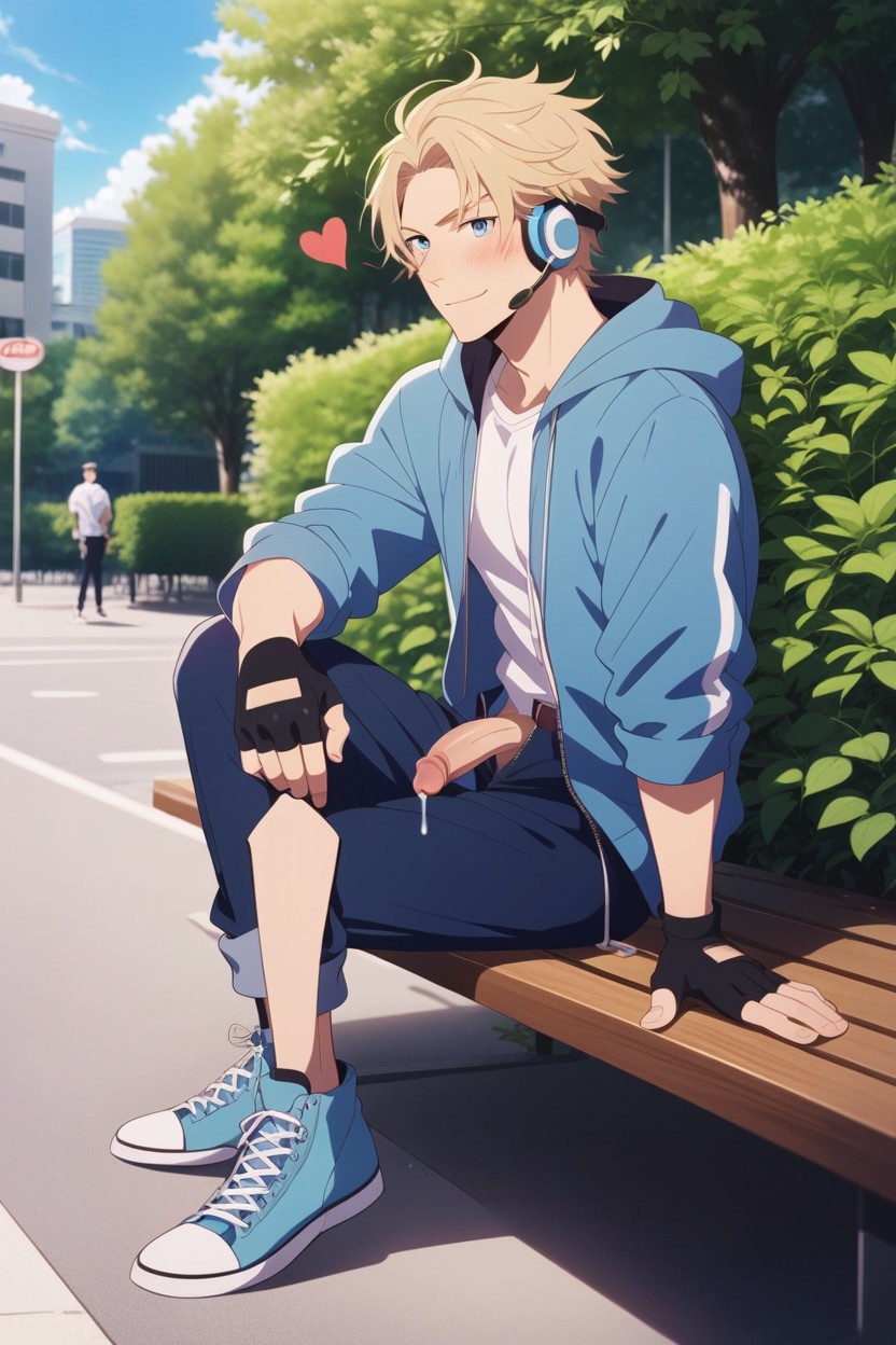 Location Public Park, Cute, Wearing Midnight Blue Headphones AI Gay Porn