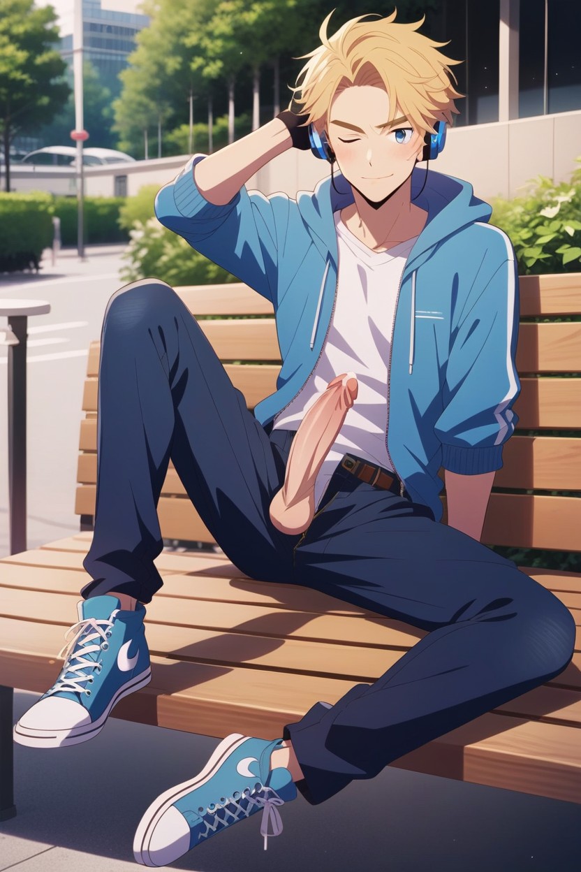 Large Long Penis, Wearing Navy Blue Converse Sneakers, Long Dark Black Jeans Covering Entire Legs AI Gay Porn