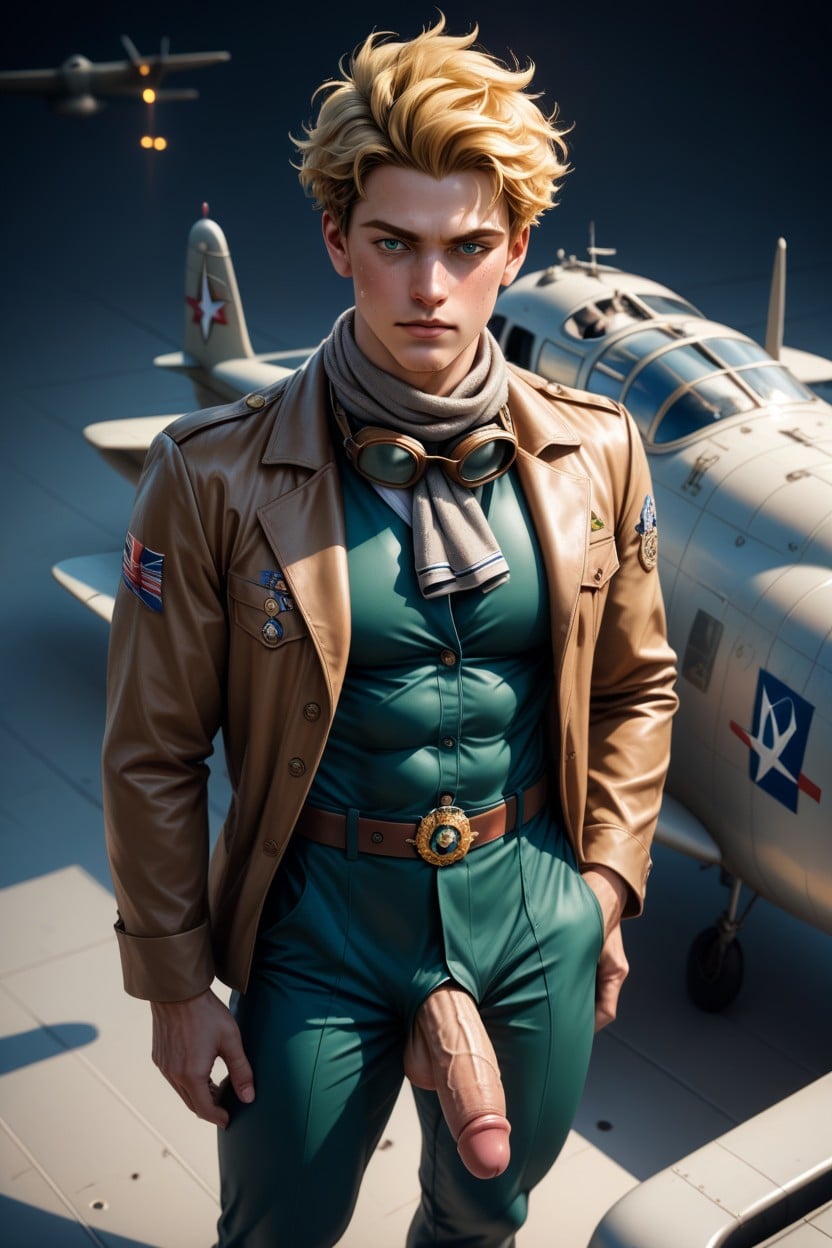 Handsome, Standing Next To A World War Plane, And Abs AI Gay Porn