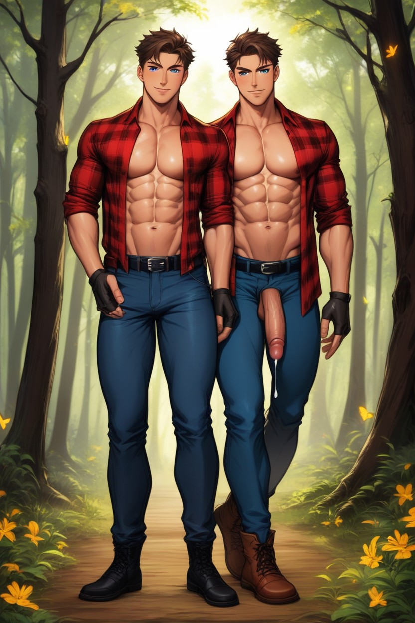 Dark Red Flannel Shirt, 20+, Long Dark Blue Jeans Covering Entire Legs Porno gay IA