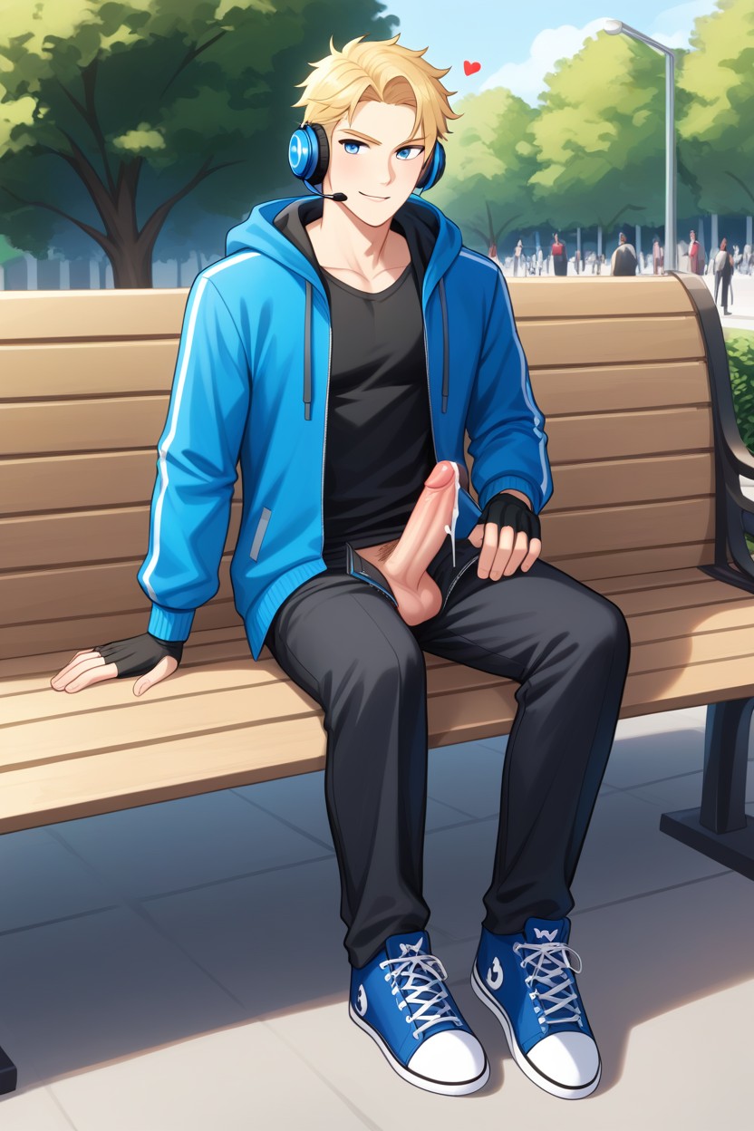 Light Skin, Sitting On Park Bench, Skinny AI Gay Porn