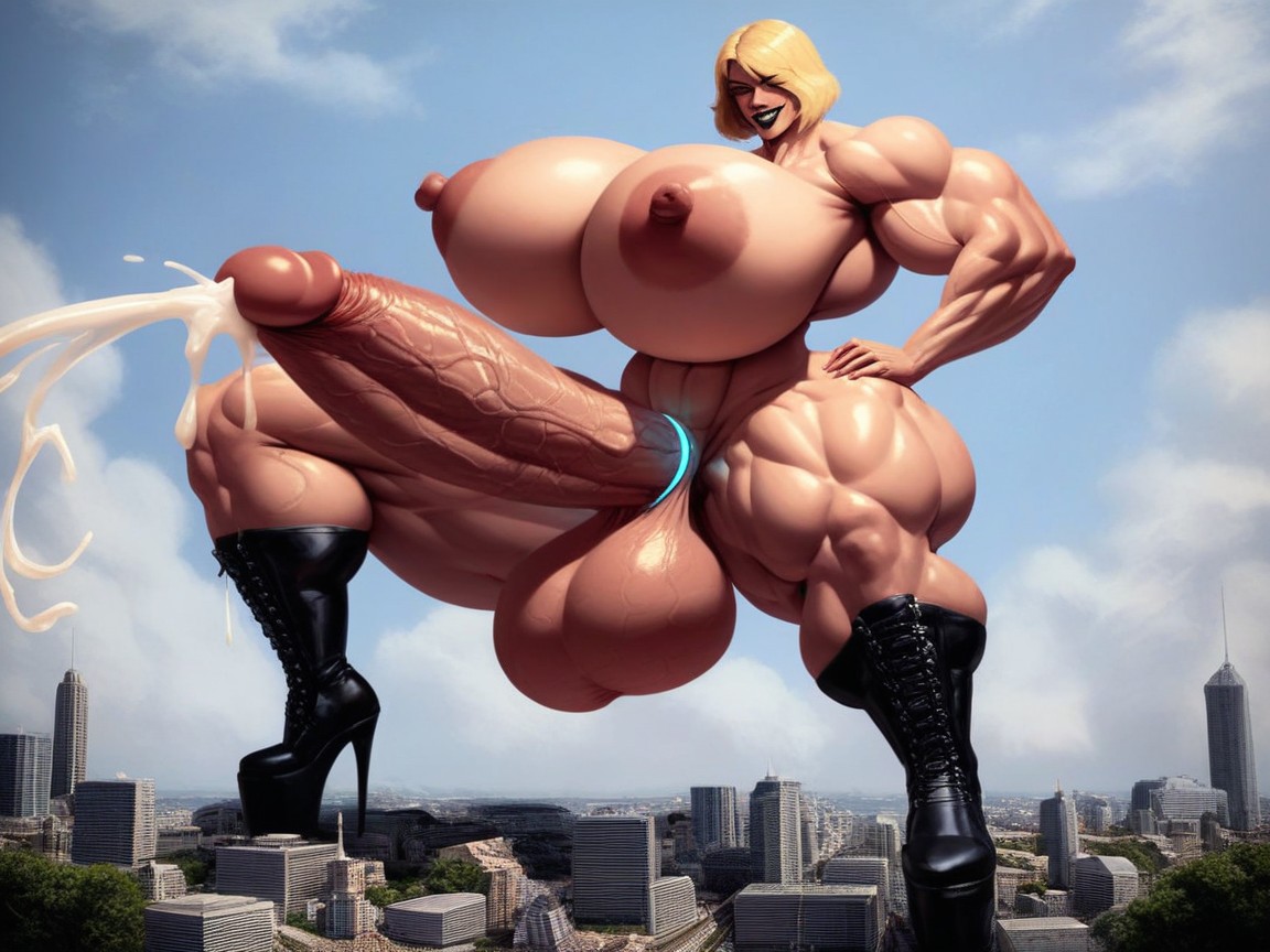 Smug Expression, Grasping Massive Long Oversized Hyper Cock Breast, Cum Shemale AI Porn