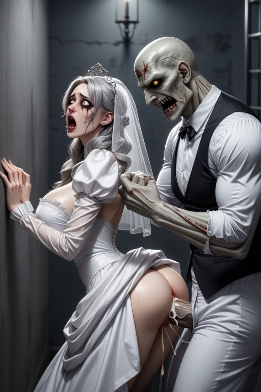 Grabbing Breasts, La Llorona As Grey Pallid Scarred Skin Undead Zombie Victorian Ghost Bride, Hard Sex AI Porn