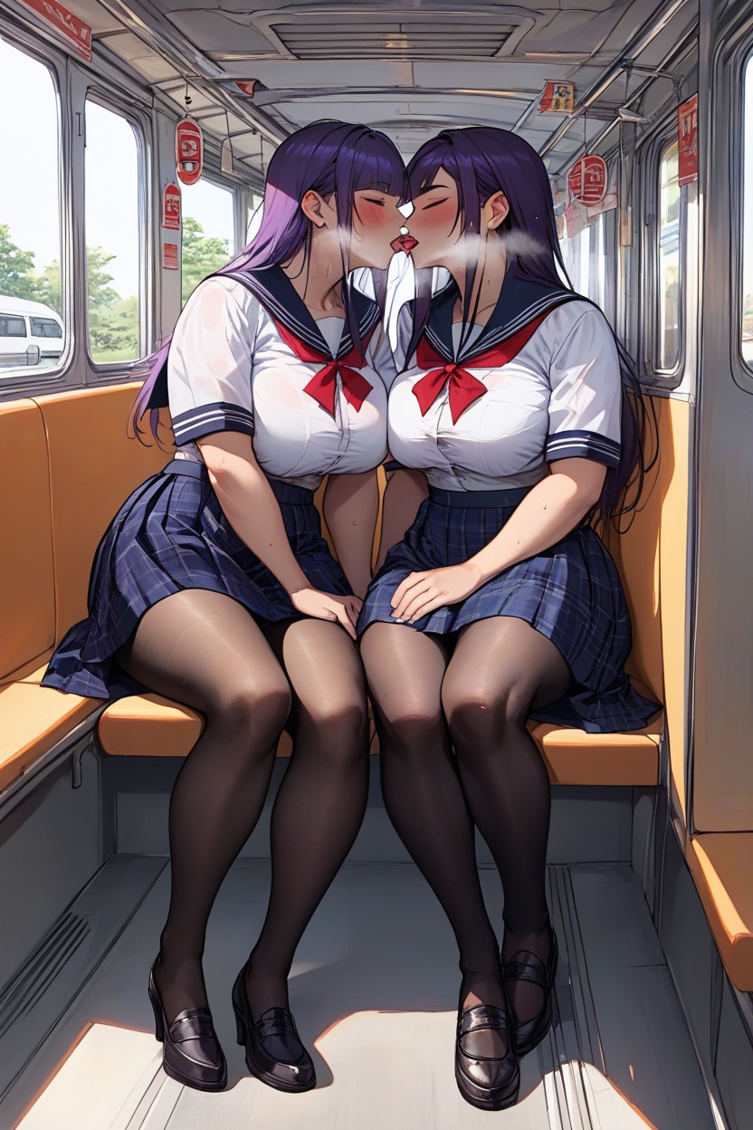 Thron Visible Under Black Pantyhose, Purple Eyes, Hair Around Ear Hentai AI Porn