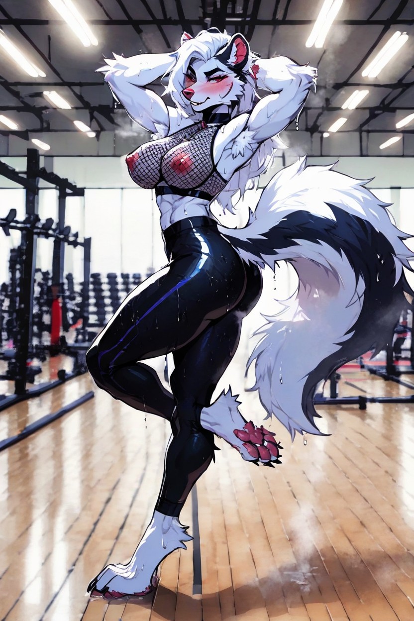 Straight Hair, Fishnet Sleeves, Showing Off Paws Furry AI Porn