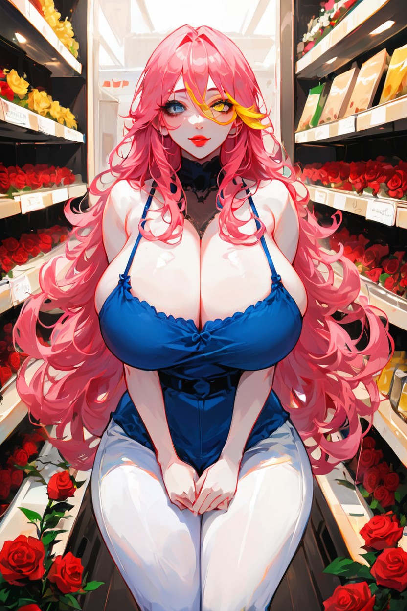 Store, Pink Hair With Yellow Under Highlights, Bounce Lines Hentai AI Porn
