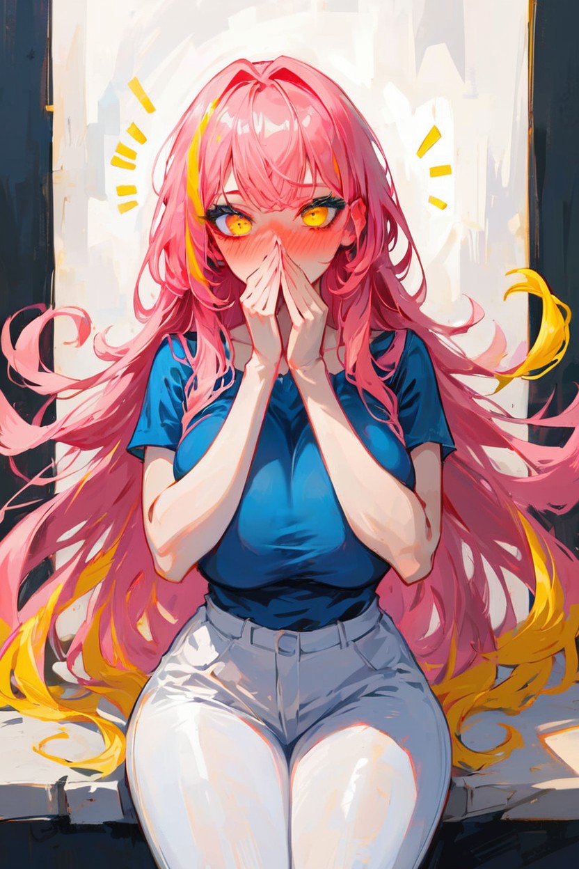Straight Bangs, Pink Hair With Yellow Under Highlights, White Leggings Hentai AI Porn