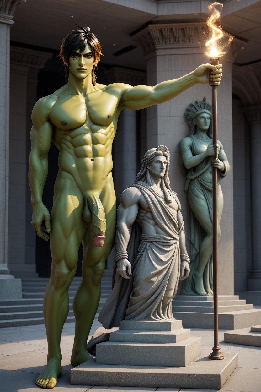 Realistic, Male Statue Of Liberty, Right Arm Up AI Gay Porn