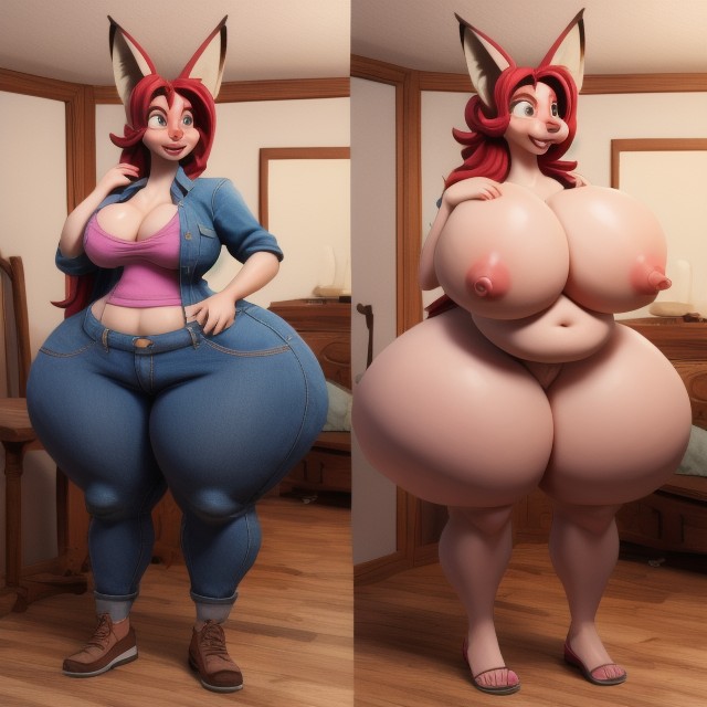 She Has Absurdly Unreal Hyper Gargantuan Sized Fat Boobs, She Is Growing So Much More Hyper Extra Fat, Split Screen Furry AI Porn