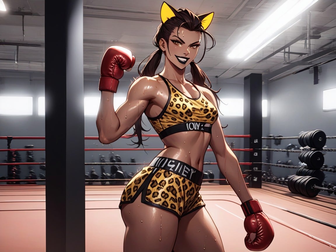 Saturated Colors, Fist Bump, Wearing Leopard Print Boxing Clothes ラティーナAIエロ
