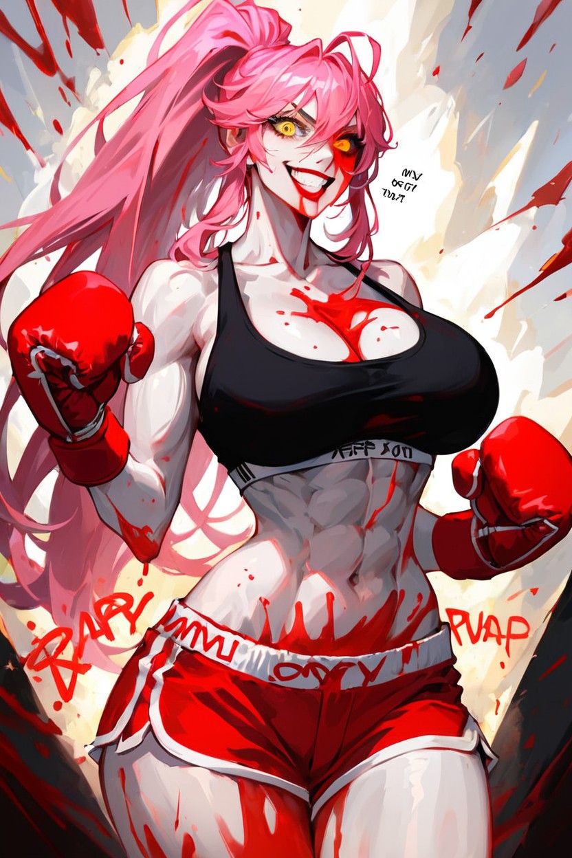 Rounded Facial Features, Evil Grin, Black Sports Bra Hentai AI Porn