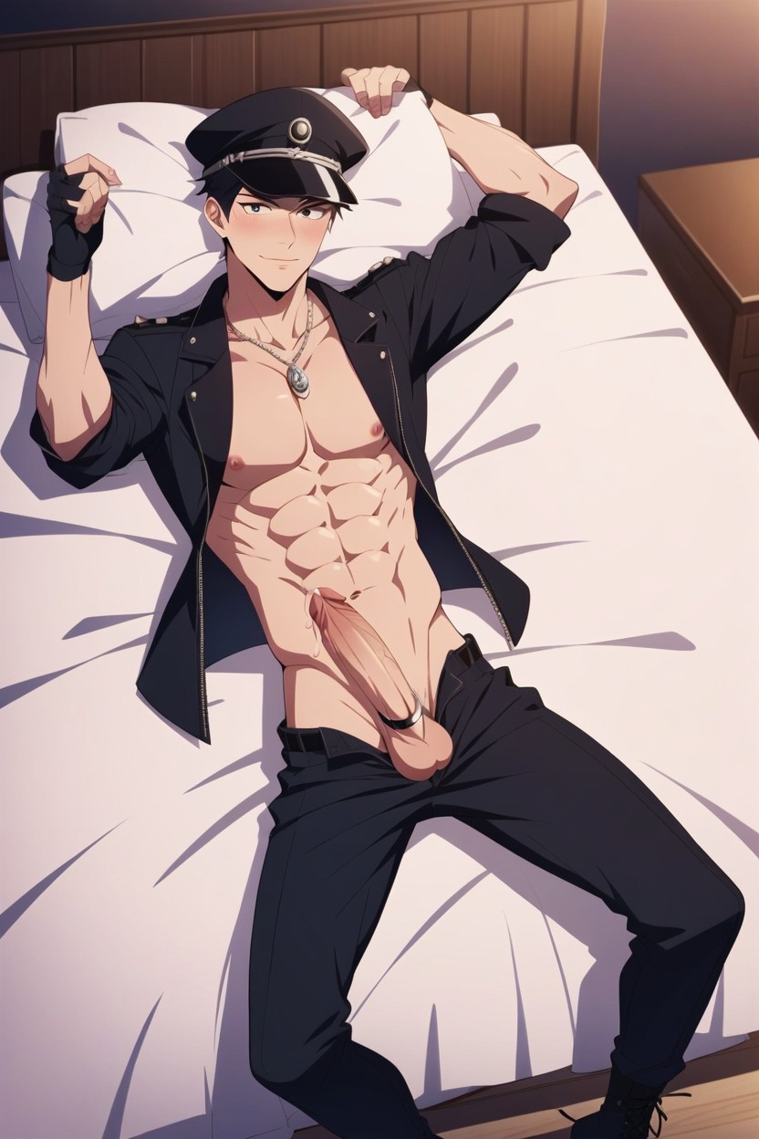 Handsome Face, Laying On The Bed On His Back, Arms And Legs Spread Porno gay IA