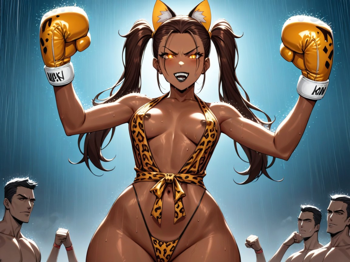 One Woman, Fist Bump, Leopard Print Robe Latina AI Porn
