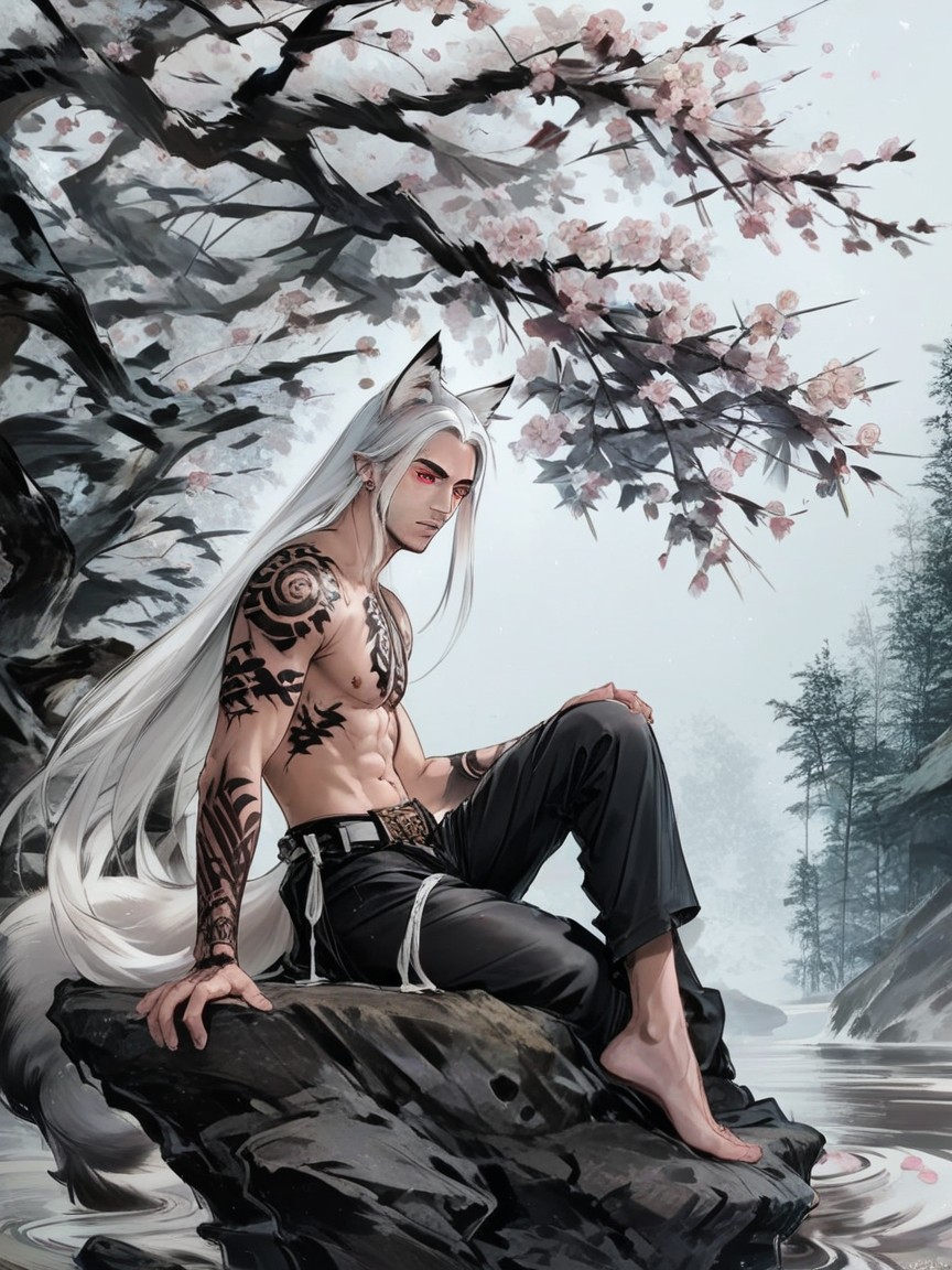 Long White Hair, Scenery, Belt Made Of Rope Hentai AI Porn