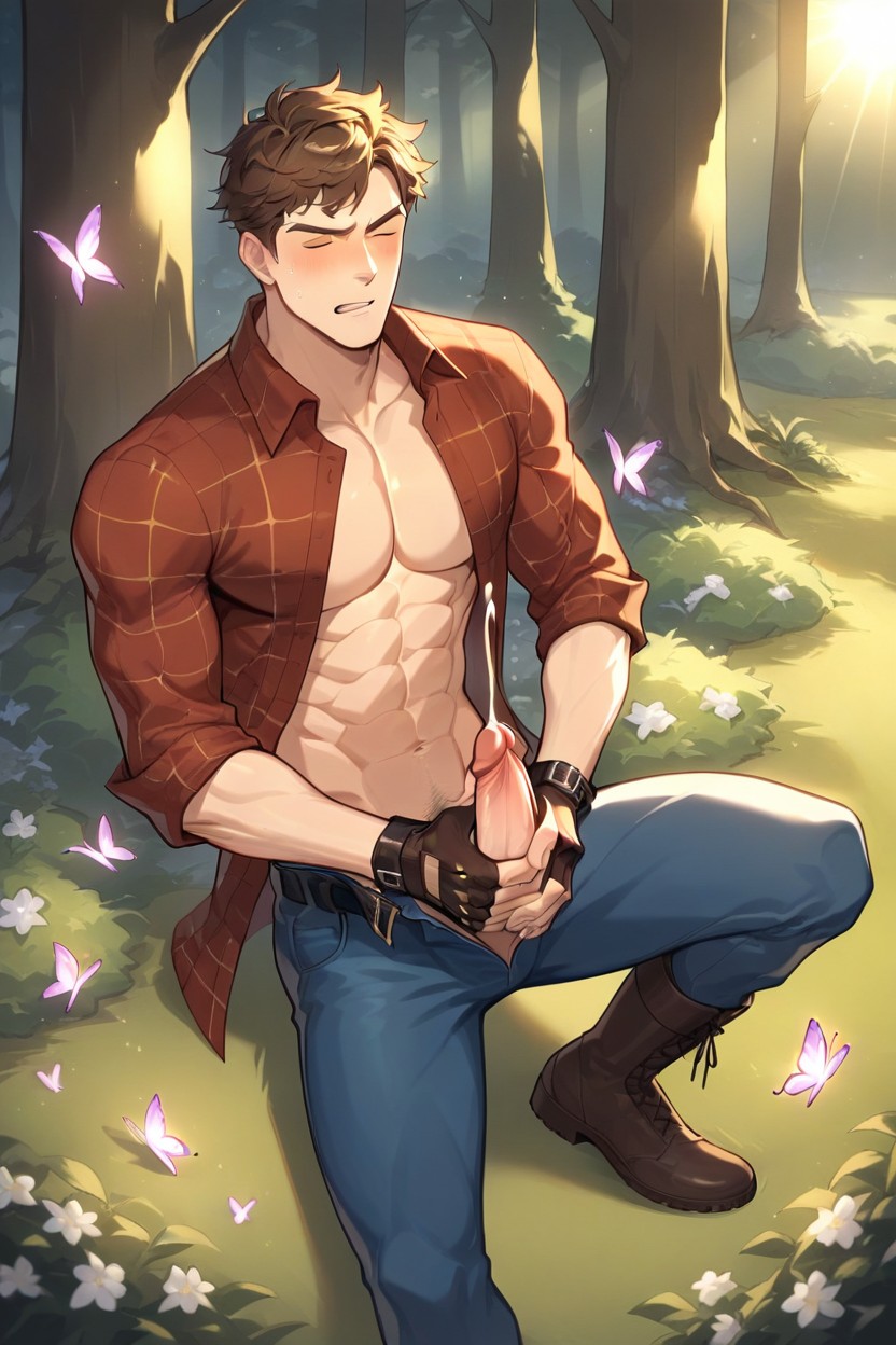 Stroking Penis With Hand, Twenty, Dark Red Flannel Shirt AI Gay Porn