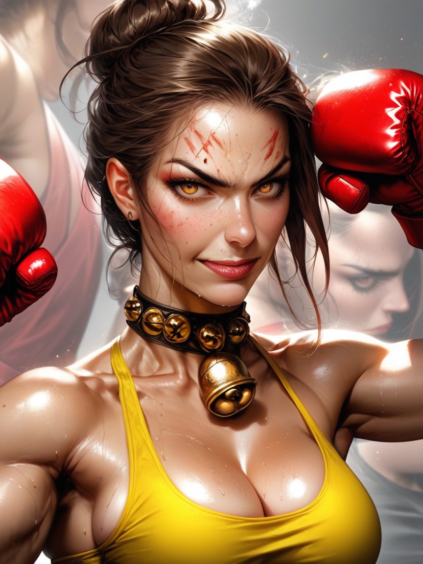 Golden Bell On Choker, Punching Man, Wearing Bright Yellow Sleeveless Crop Top Hentai AI Porn