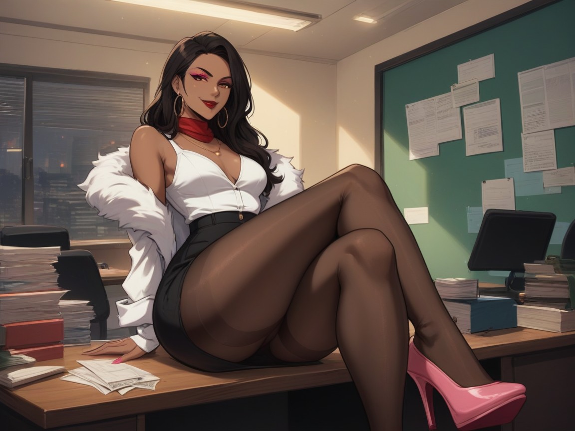 Low Breast Length, Office Background, Sloped Shoulders 라틴 AI 야짤