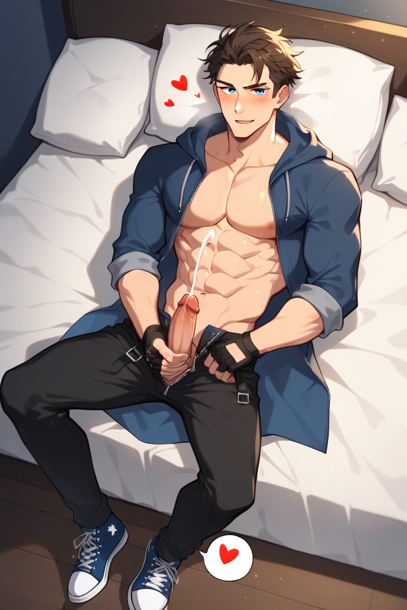 Body Leaning On The Bed, Intense Cumshot, Dark Brown Medium Length Spiky Hair AI Gay Porn