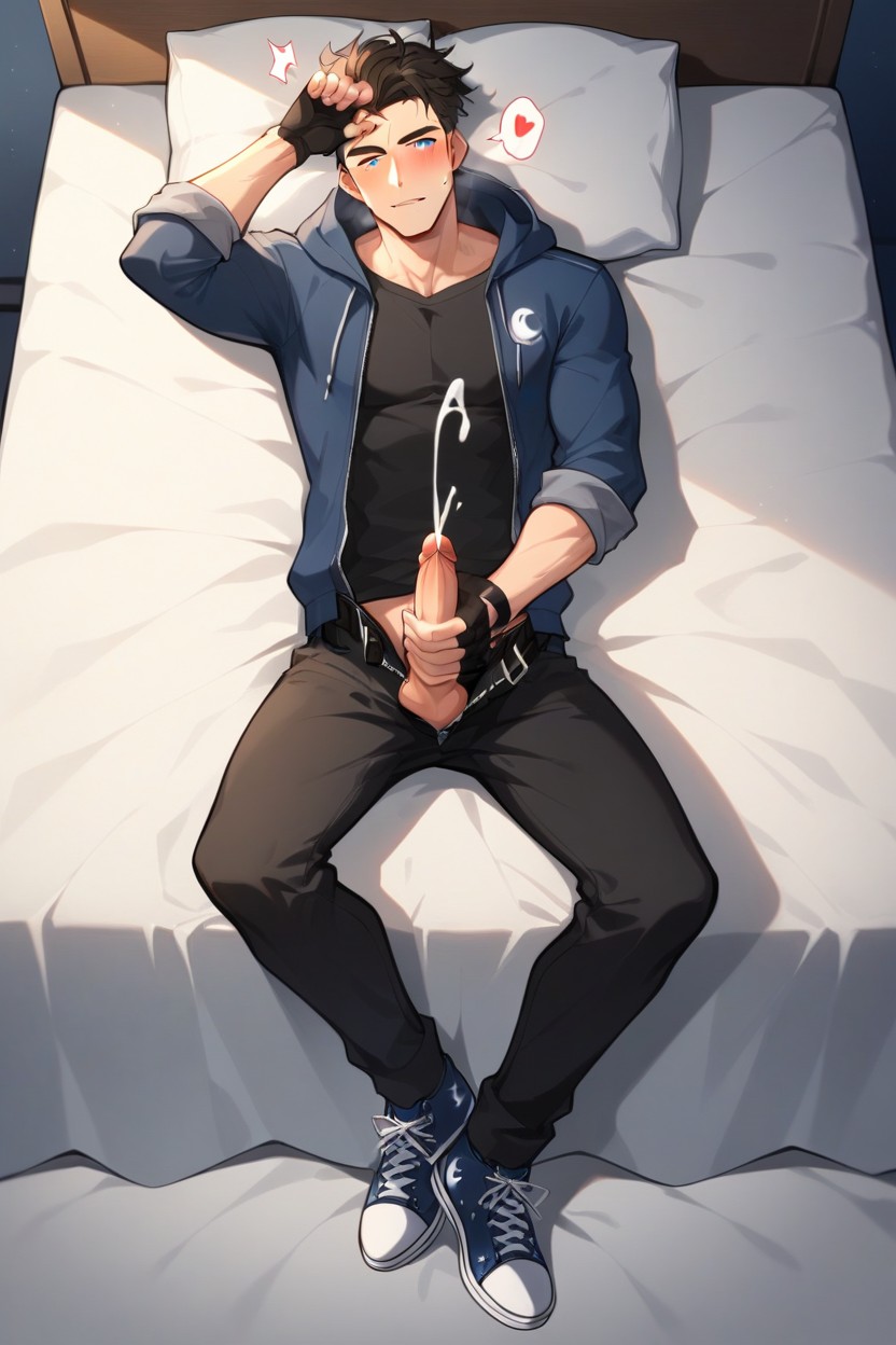 Rolled Up Sleeves, Large Long Erect Penis, Long Black Pants Covering Entire Legs AI Gay Porn