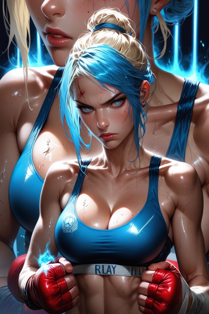 Torn Sports Bra, Cleavage, Blue Highlights In Hair Bun Hentai AI Porn