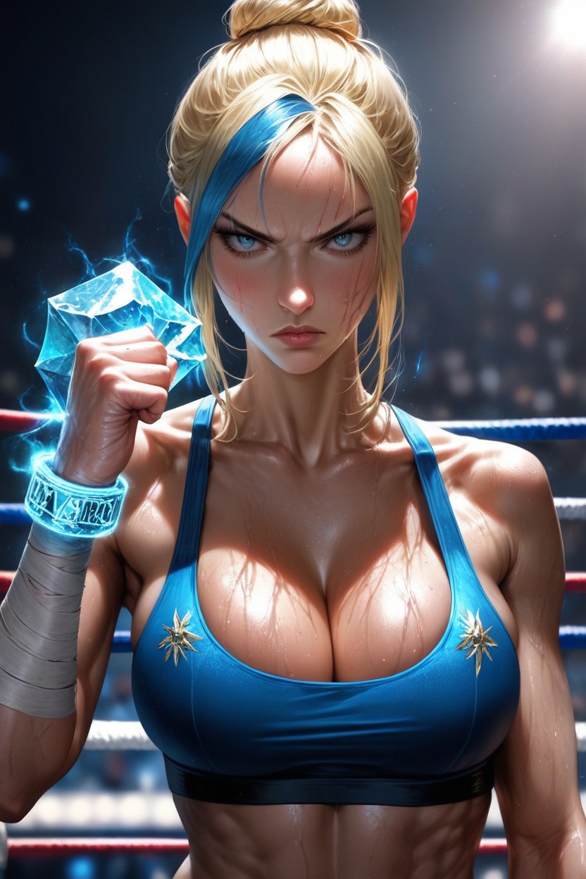 Break, Blue Highlights In Hair Bun, Busty Breasts Hentai AI Porn