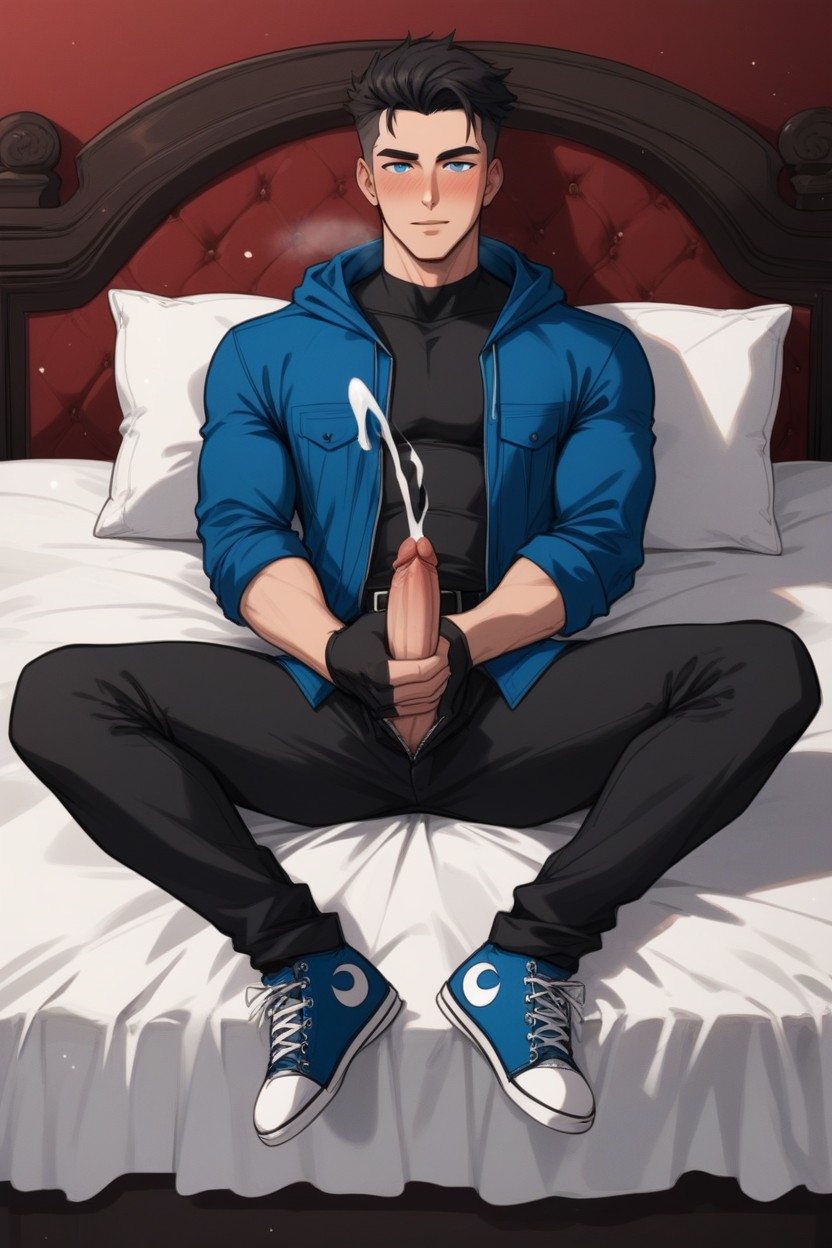 Long Black Pants Covering Entire Legs, Love Particles Near Head, Location Bed AI Gay Porn