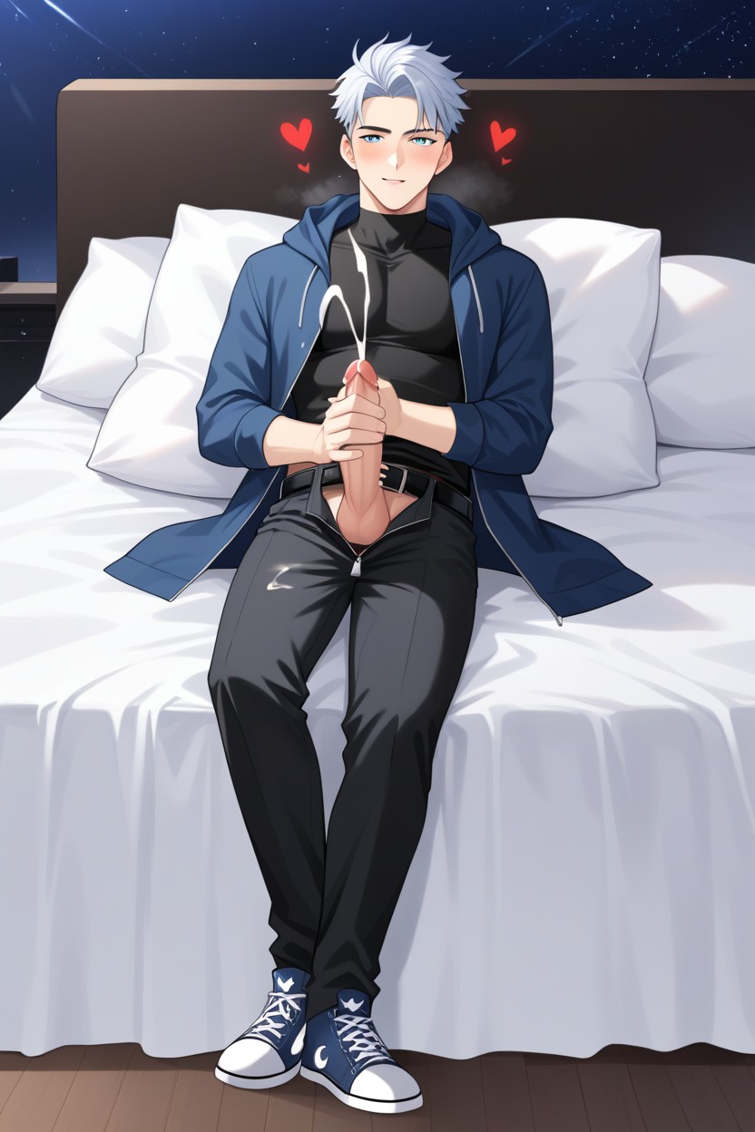 Wearing Long Black Fingerless Gloves On Both Hands, Medium Height, Long Black Pants Covering Entire Legs AI Gay Porn