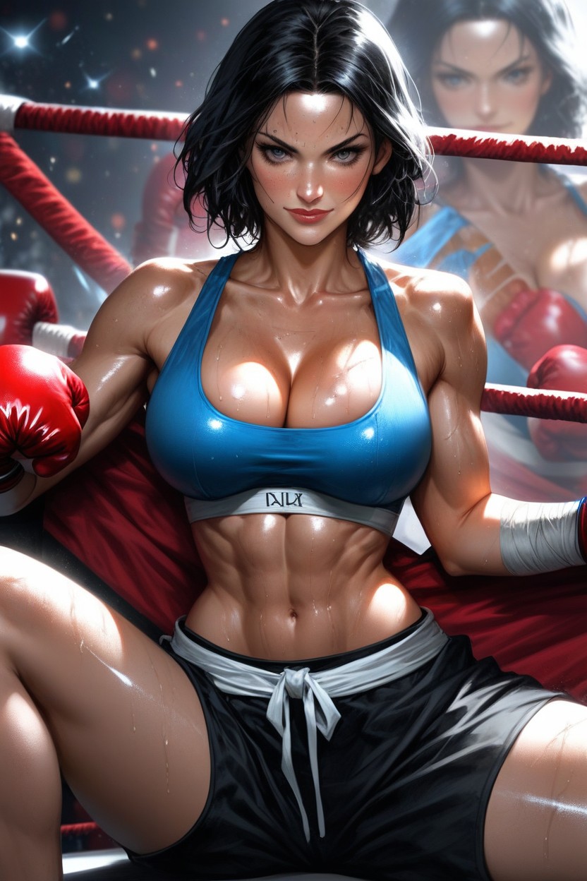 High Resolution, Snow White Wearing Blue With Red Shaped Diamonds Sports Bra, Serious Smile Hentai AI Porn