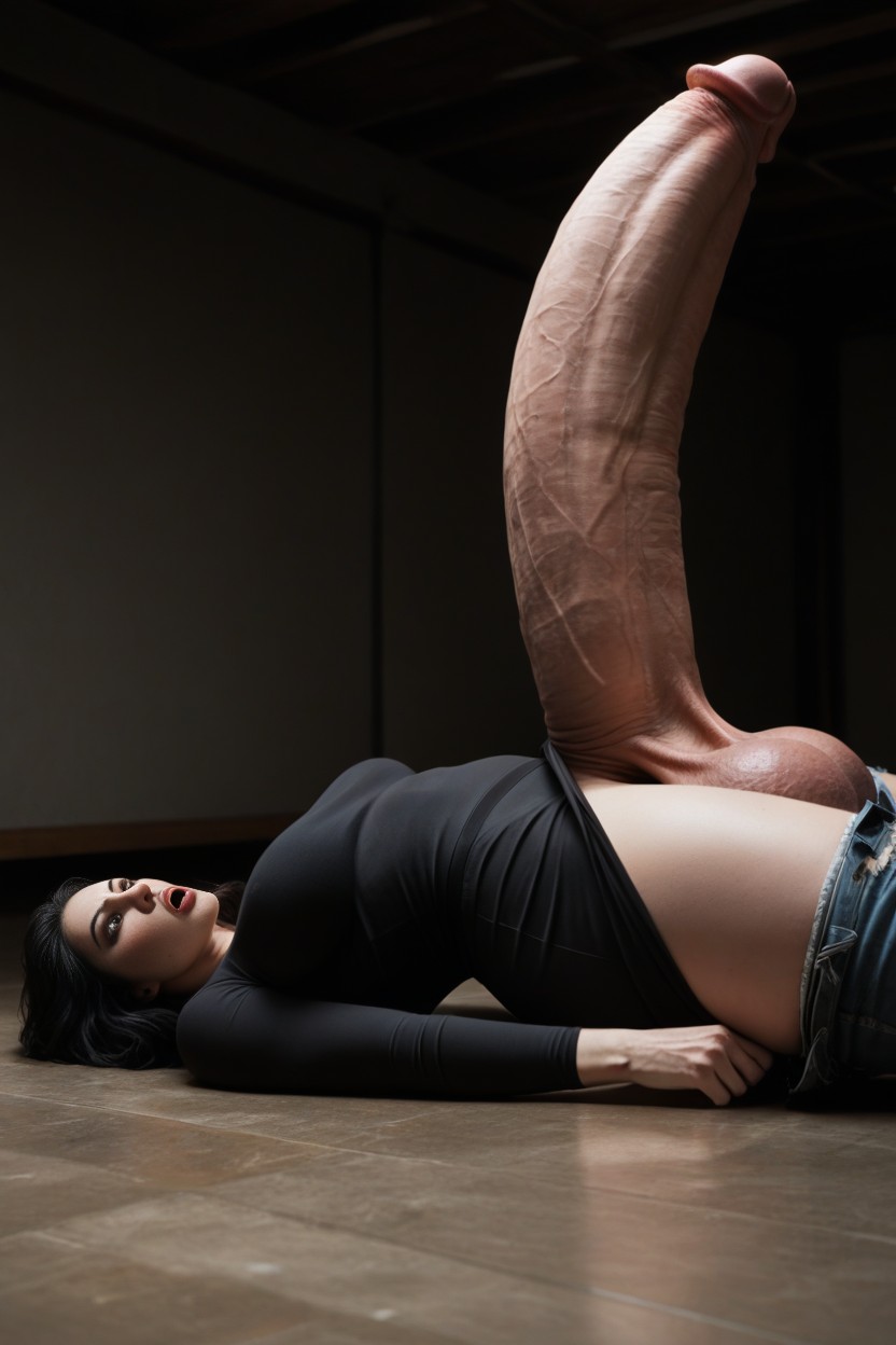 Hyper Super Sized Testicles, Penis Is Too Gigantic, Side View Shemale AI Porn