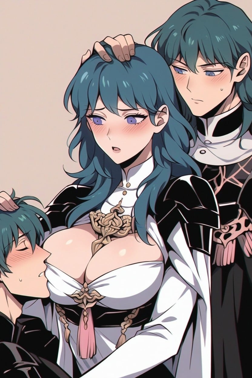 Man Gropes Byleth's Titties, Nose Between Breasts, Side View Hentai AI Porn