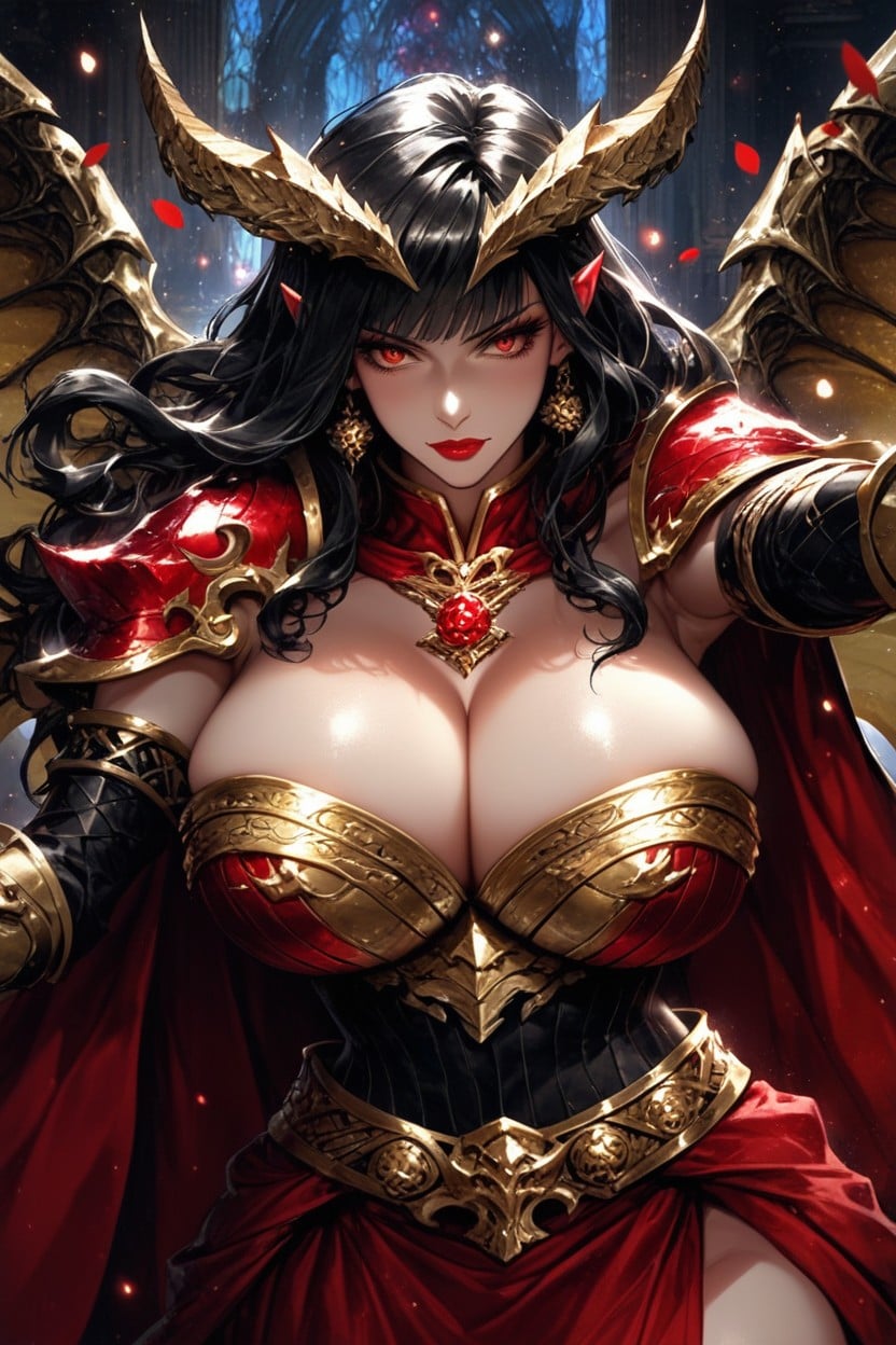 Red Thigh Highs, Large Eyes With Gold Iris With Dragon Shape, Gold Shoulder Armor Hentai AI Porn