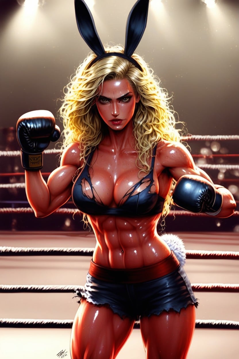 Boxing Glove Andripped Bra, Boxing Matchexaggerated Punching Motion, Raw Hentai AI Porn