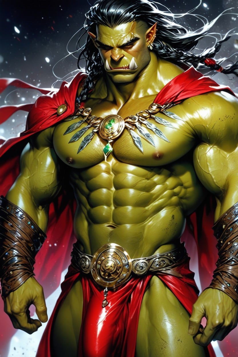 Half Orc Male Warrior, Golden Leather Loincloth, Exudes Rugged Handsomeness AI Gay Porn