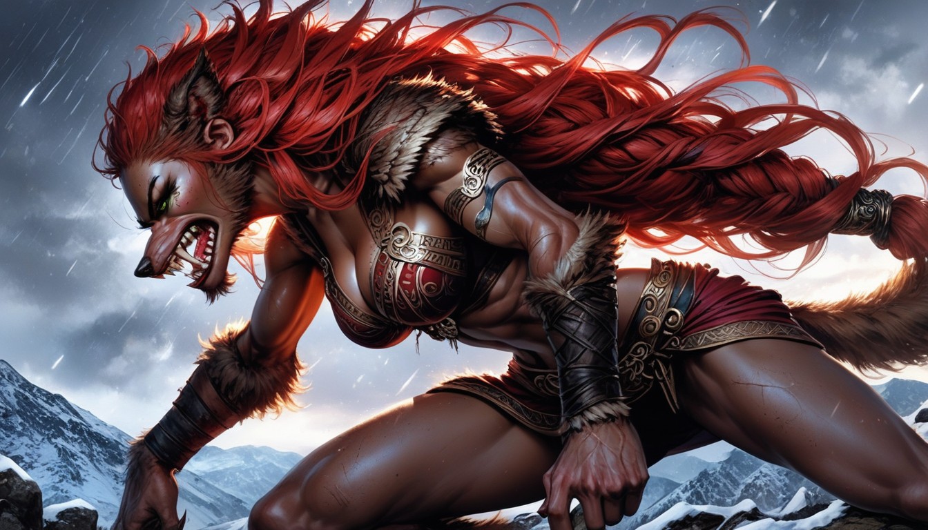 Huge Red Werewolf, Front View, Thunderstorm AI Porn