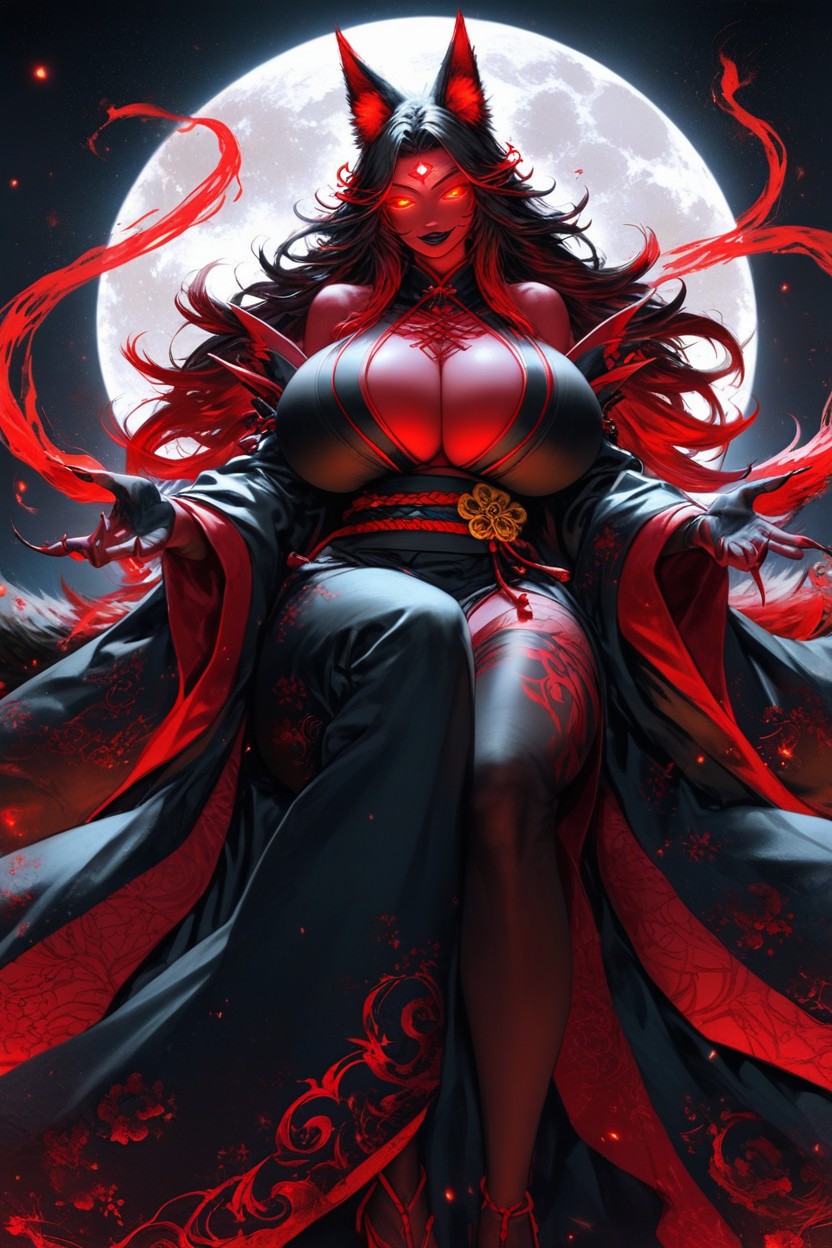 Black And Red Hair Color, Black Glove Armor With Red Design, Long Hair Hentai AI Porn