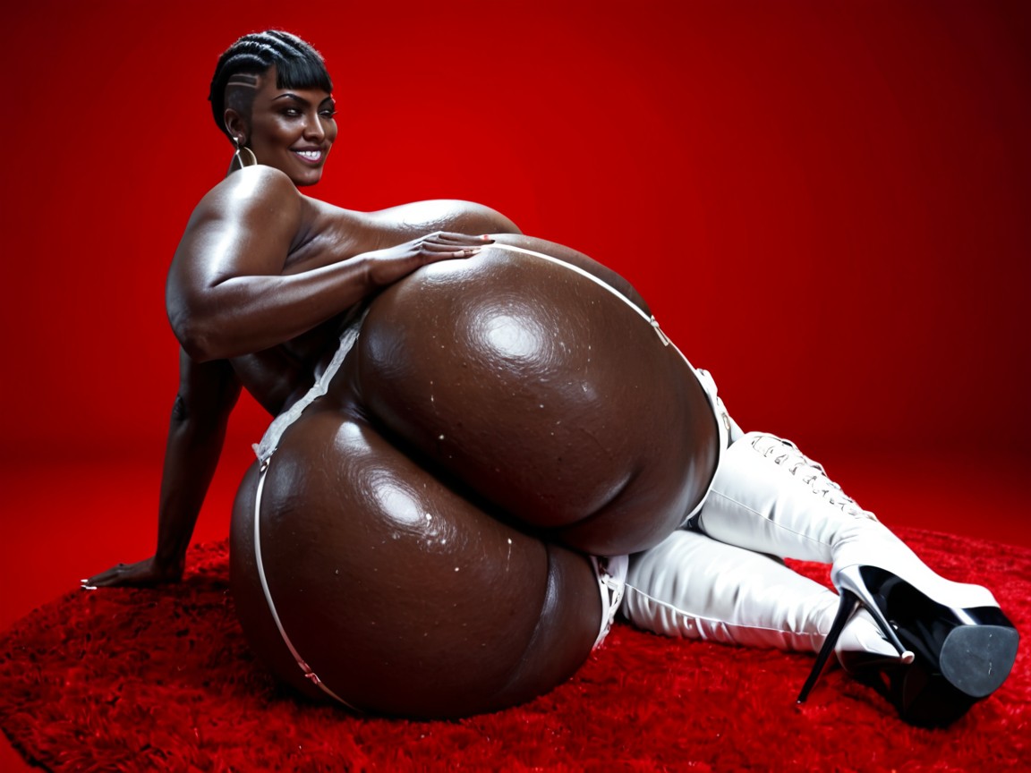 White Garter Belt, All Red Background, Very Dark Skin BBW AI Porn