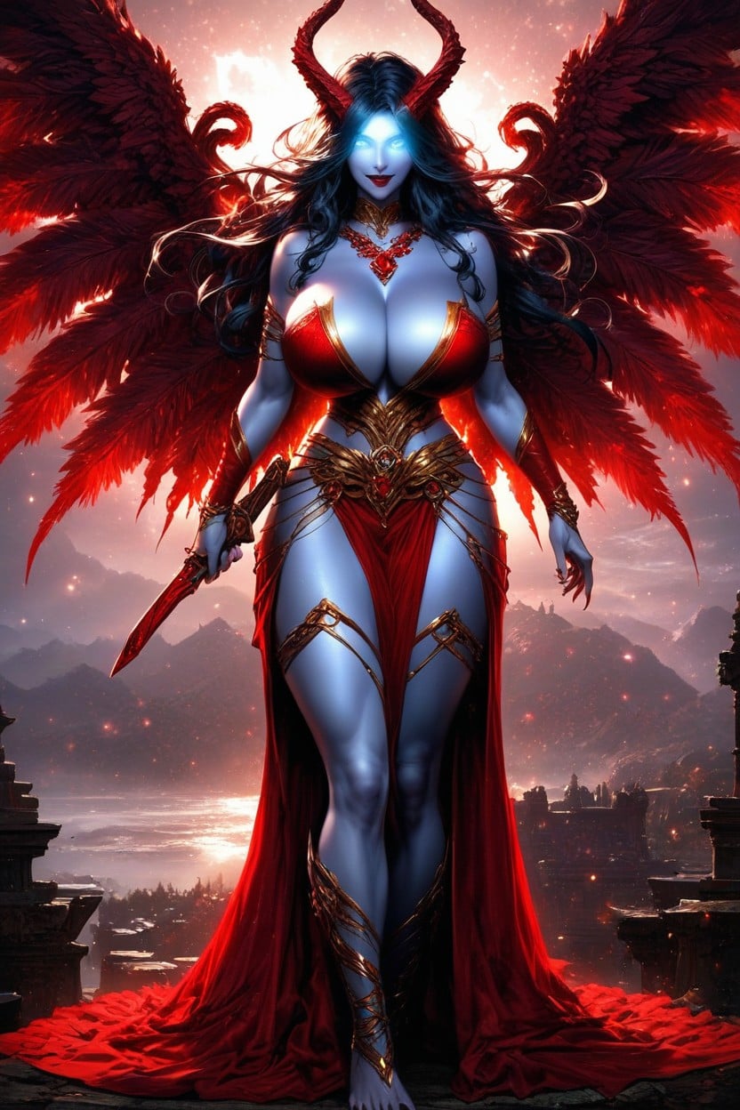 Huge Red Moon, Blue Eyes, Wavy Hair Hentai AI Porn