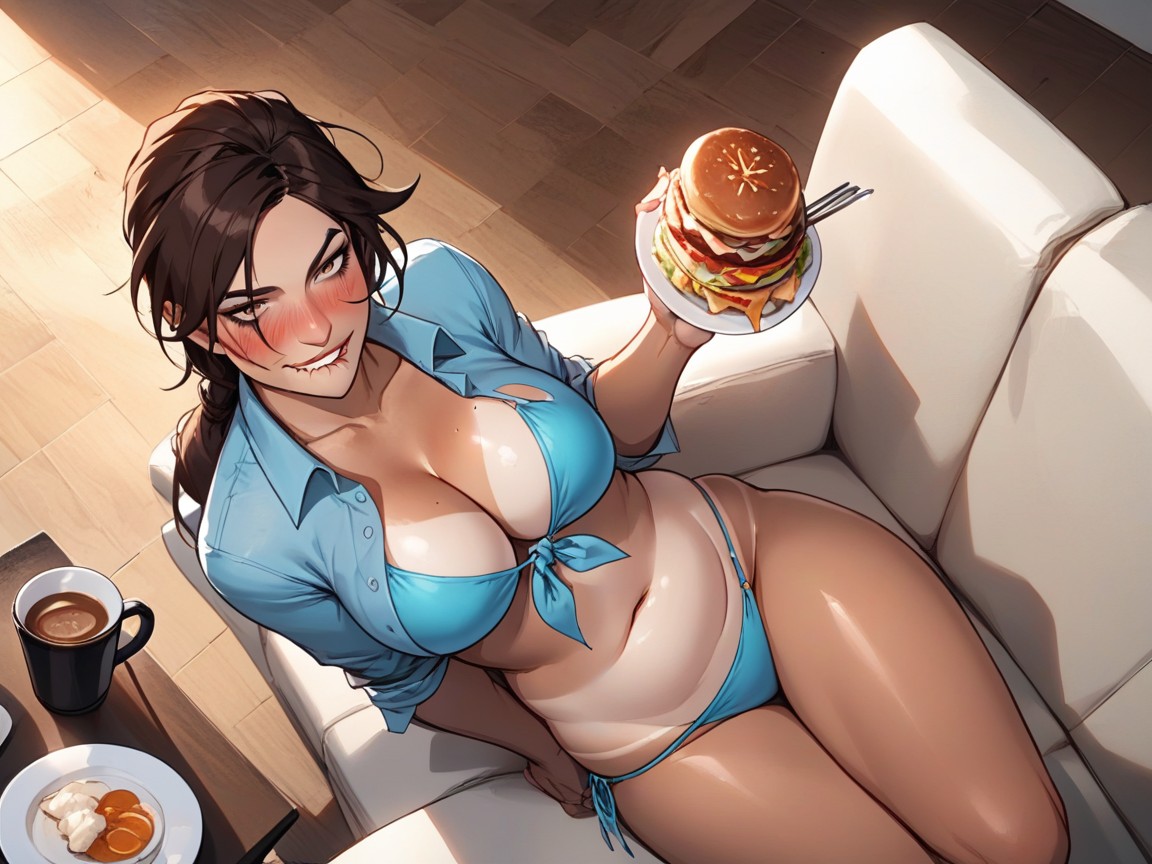 Smeared Makeup, Biting Lip, Cleavage Hentai AI Porn