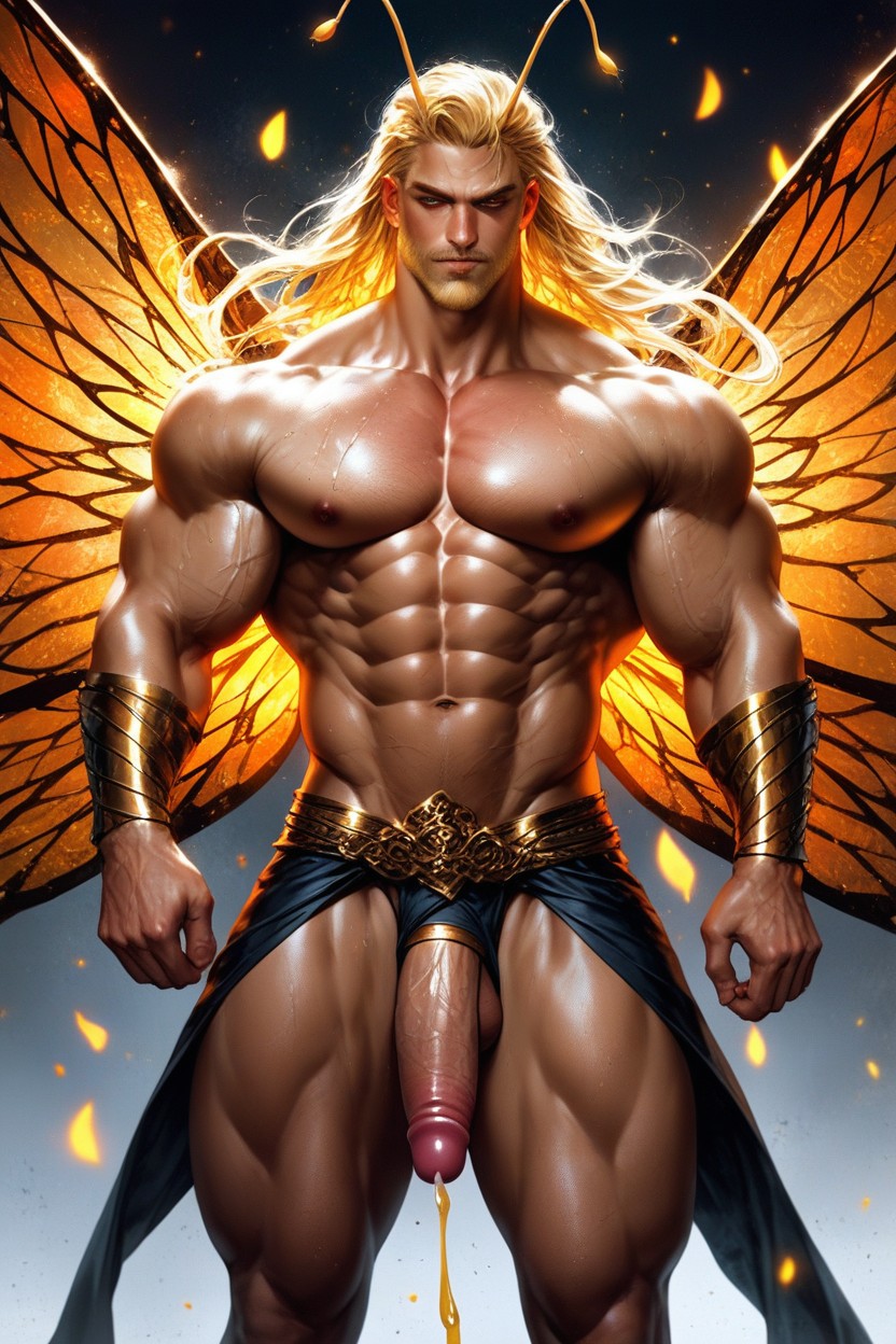 Delicate Monarch Butterfly Wings Sprout From His Back, Purple Eyes, His Vibrant Long Honey Blonde Hair AI Gay Porn