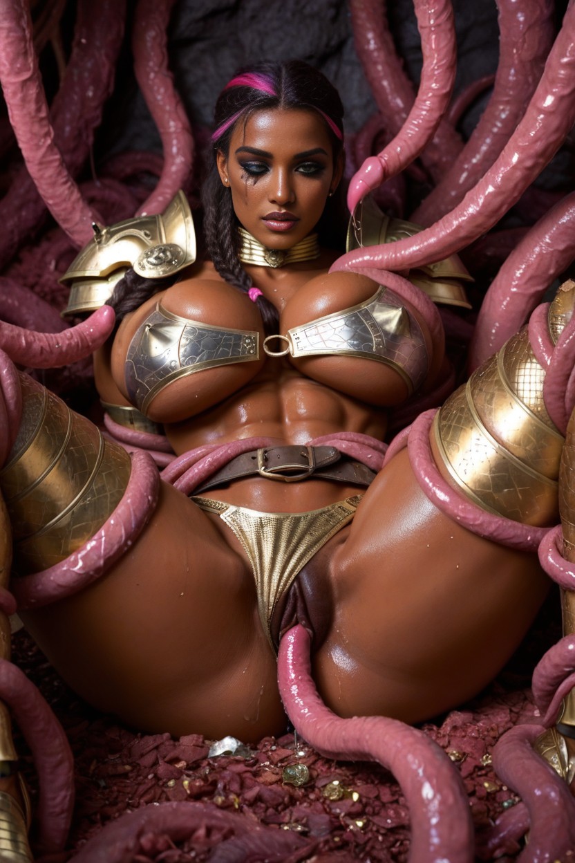 Gold Metallic Armored Bra, Erect Nipples, Muscular Legs AI Porn