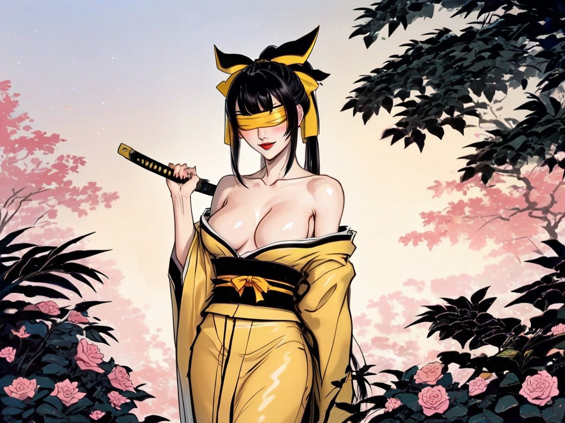 Vibrant Colors, Yellow Blindfold, Sly Smile Hentai AI Porn