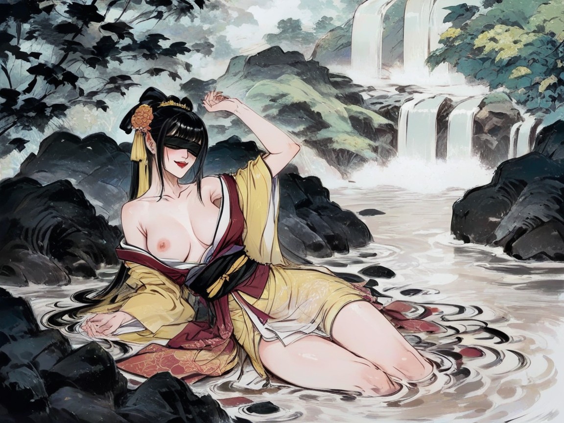 Blind Woman, Yellow Blindfold, One Hand Hentai AI Porn