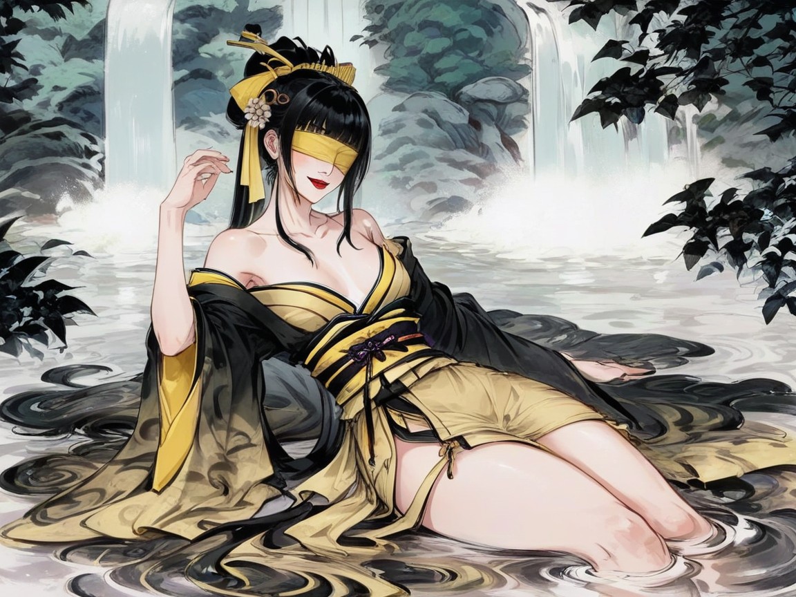 Black Feather Boa, Long Twin Tails, Feudal Japan Setting Hentai AI Porn
