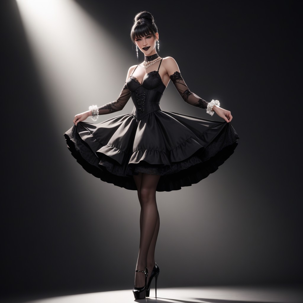En Chaleur, Black And Grey Frilly Corset, Petit Cul Porno IA transsexuelle